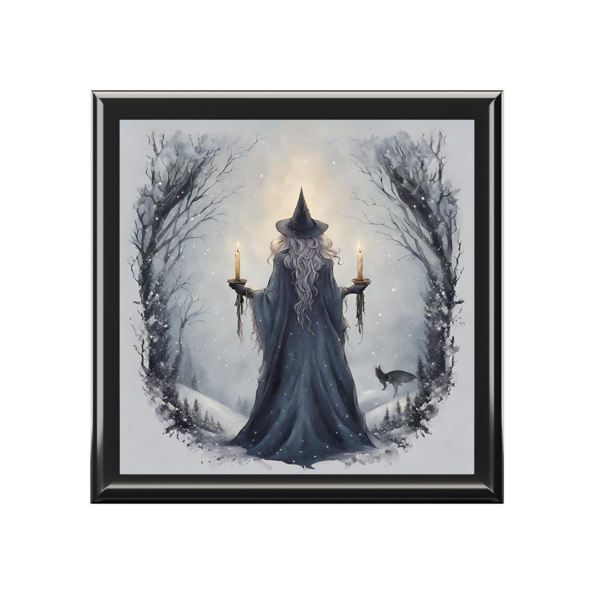 Framed artwork of a wizard in a snowy landscape with candles and a black frame.
