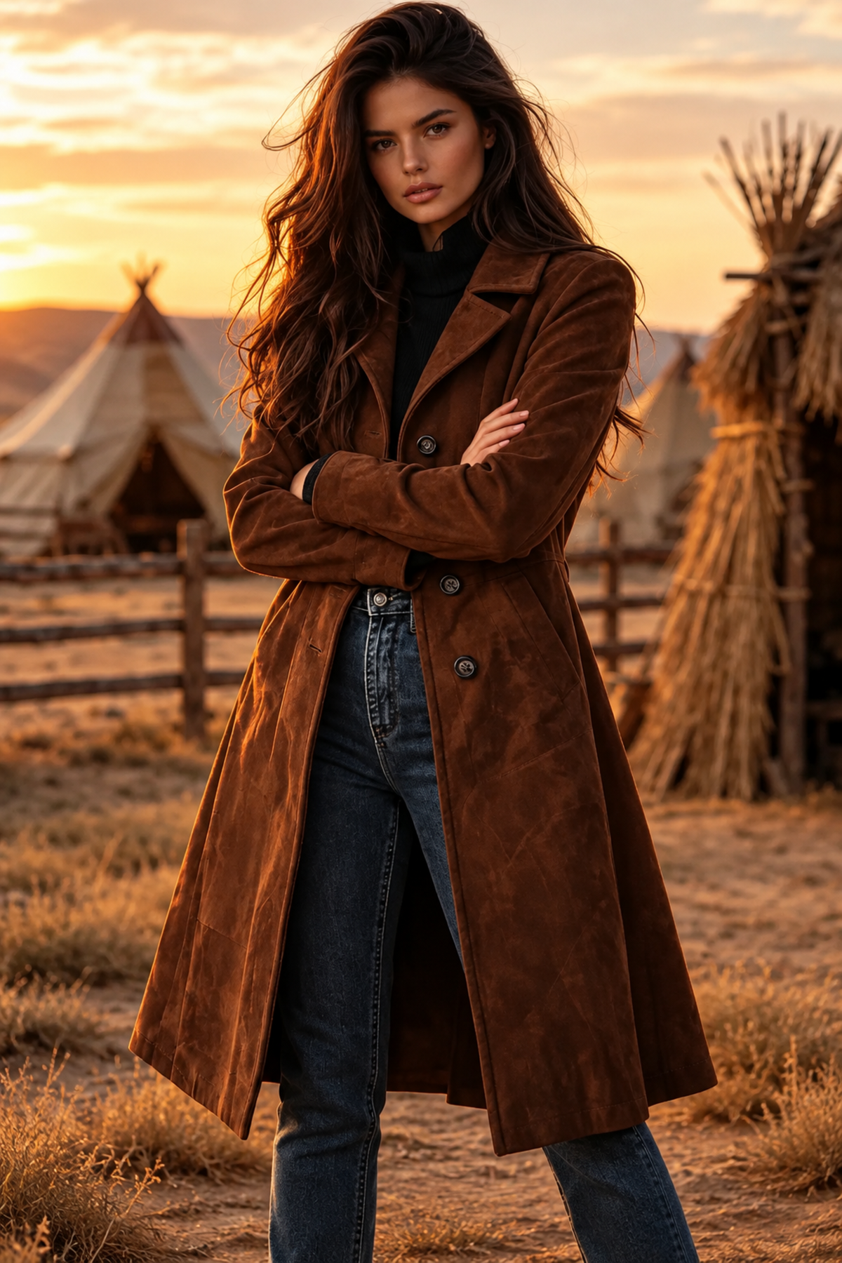 Brown Faux-Suede Longline Trench Coat