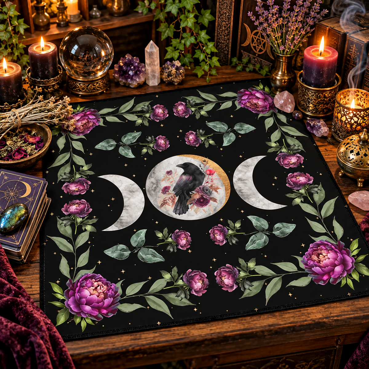 Triple Moon Raven Altar Cloth