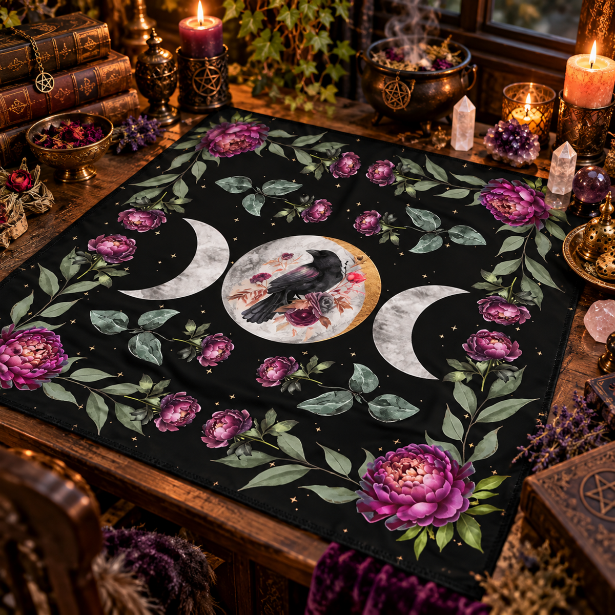 Triple Moon Raven Altar Cloth