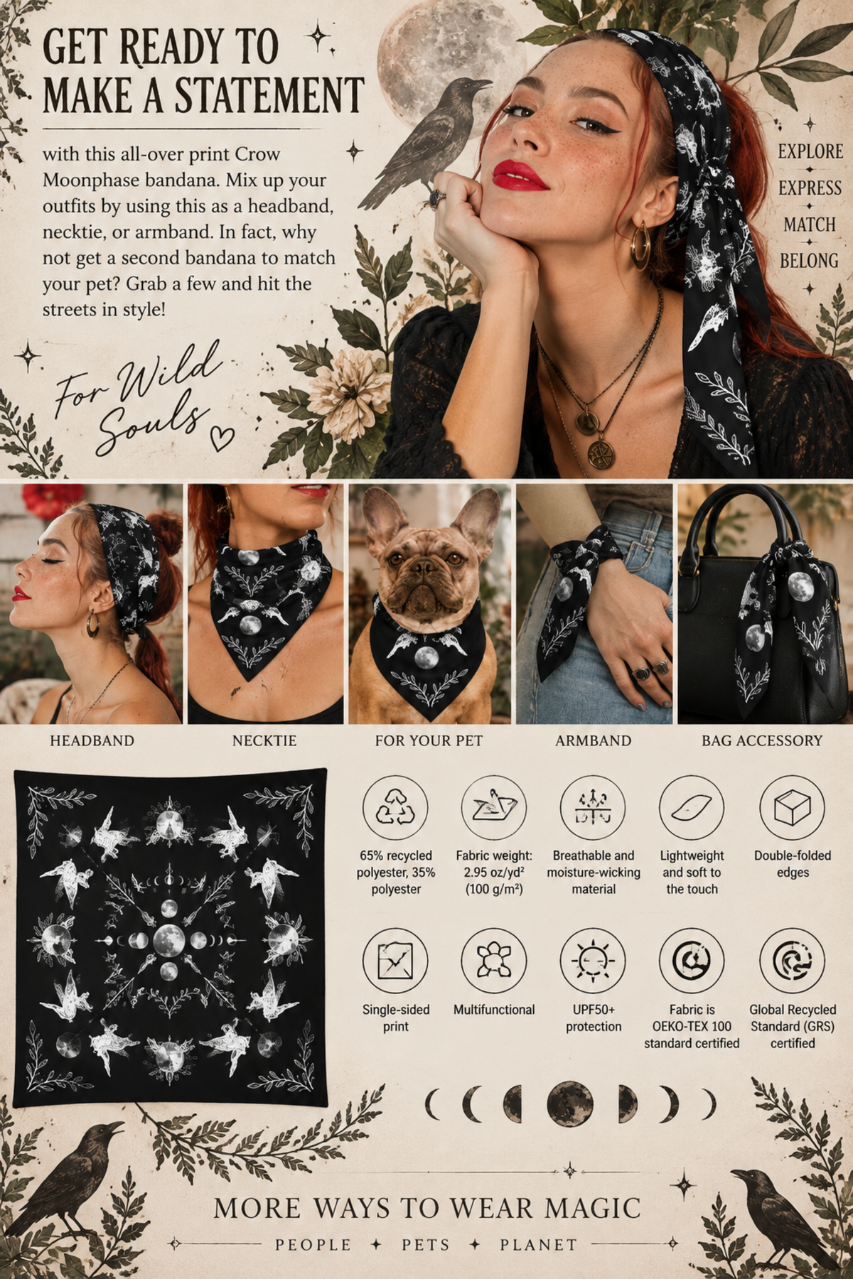 Moonphase Raven Bandana Gothic Head Scarf, Witchy Neck Warmer