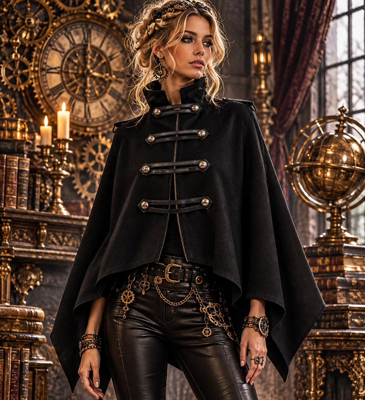 Black Military-Inspired Cape Jacket with Stand Collar