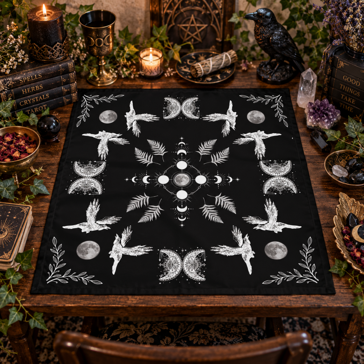 Moonphase Raven Bandana Gothic Head Scarf, Witchy Neck Warmer