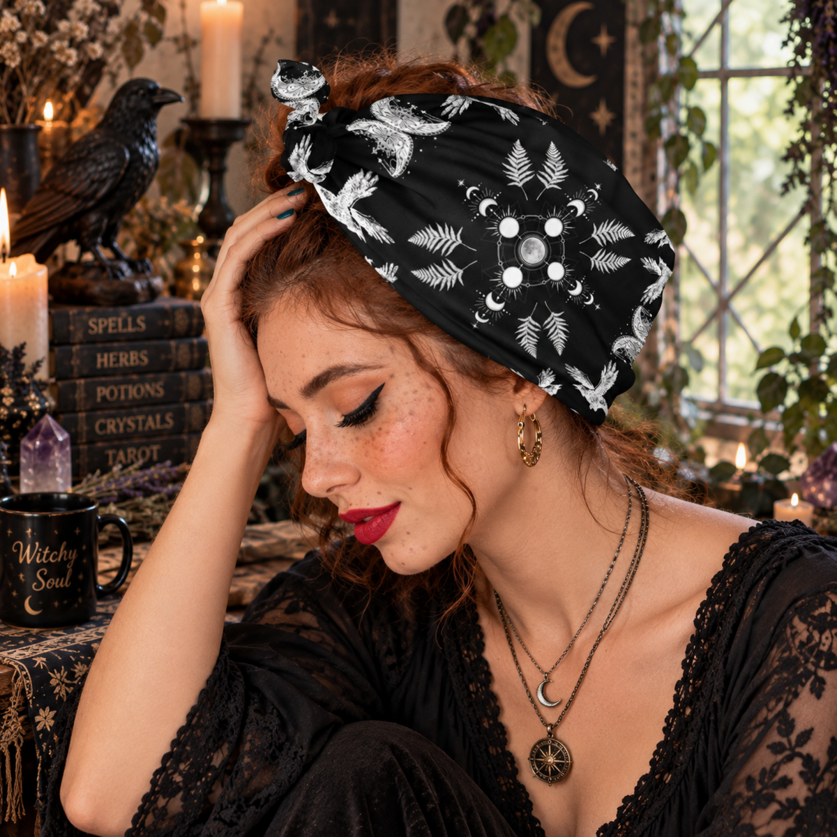 Moonphase Raven Bandana Gothic Head Scarf, Witchy Neck Warmer