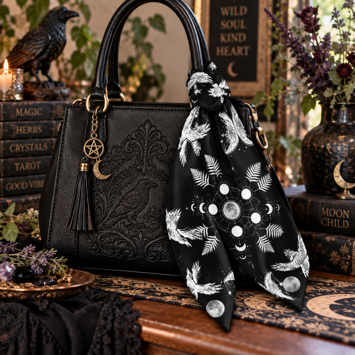 Moonphase Raven Bandana Gothic Head Scarf, Witchy Neck Warmer