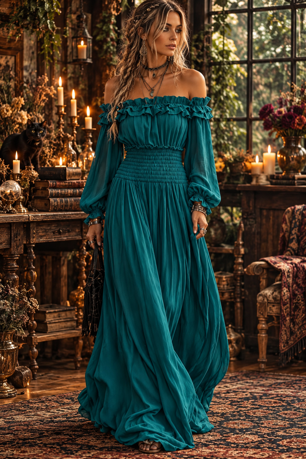 Off-Shoulder Ruffle Maxi Dress with Lantern Sleeves