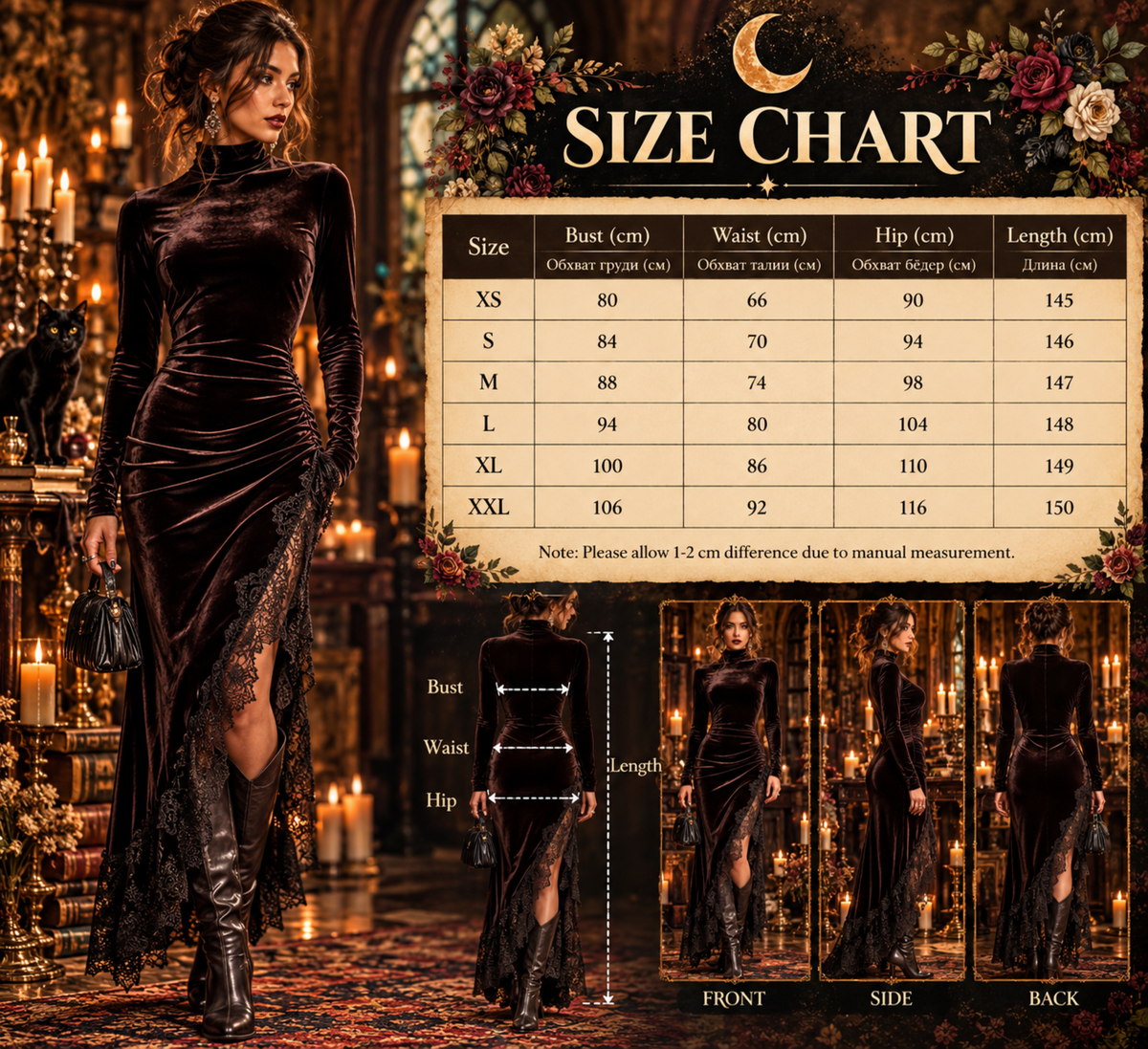 Velvet Long-Sleeve Maxi Dress with Lace Slit