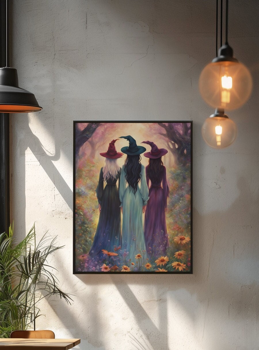 Three Witches Coven Canvas, Salem Practical Magic Art Print Halloween Whimsigoth Wall Decor, Perfect Witchy Gift for your Sisterhood Friends
