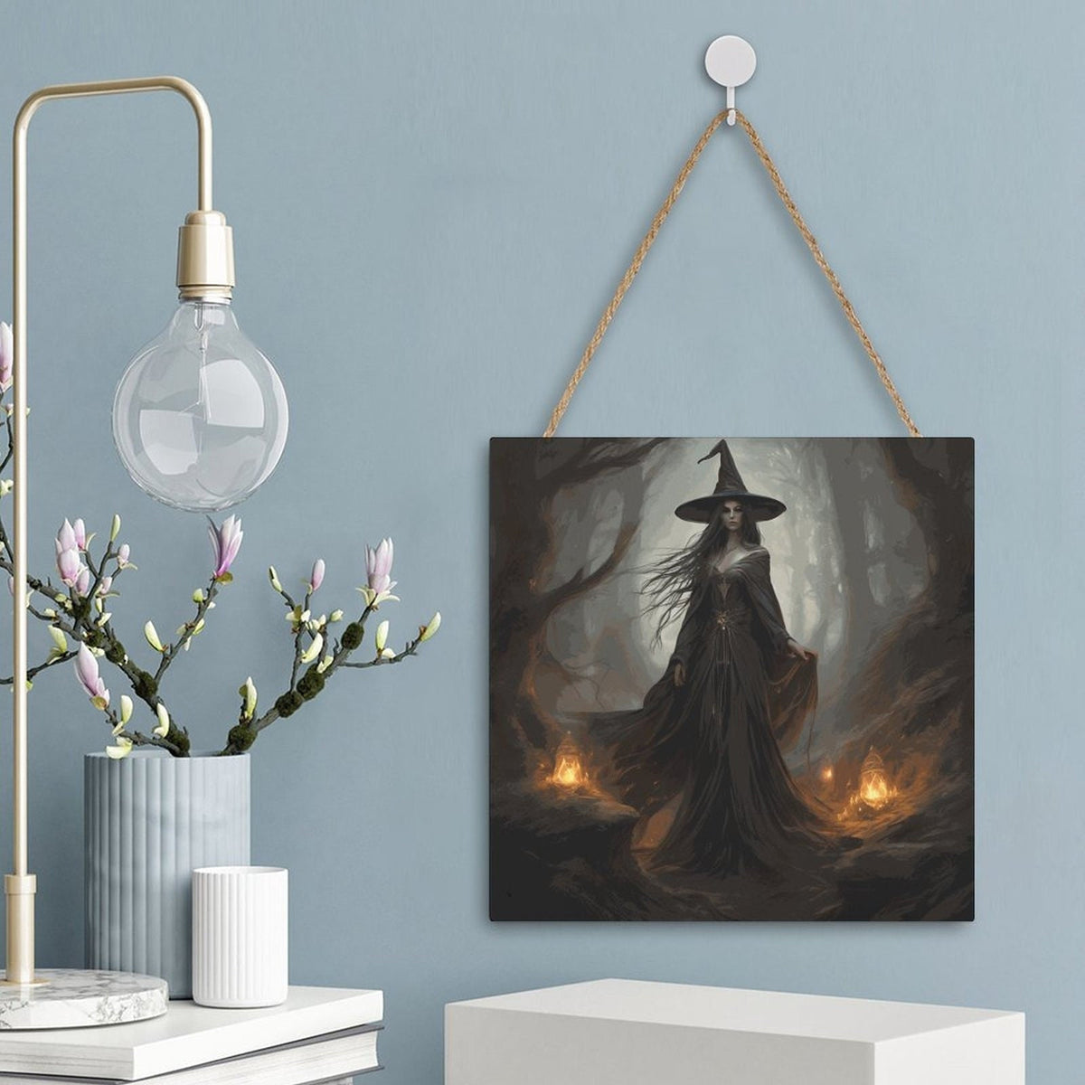 Vintage Witch Square Wood Wall Decor for Halloween Witchcraft Art Pagan Celebration Gift Idea for Mom Occult Decor Moon Goddess Wiccan Art