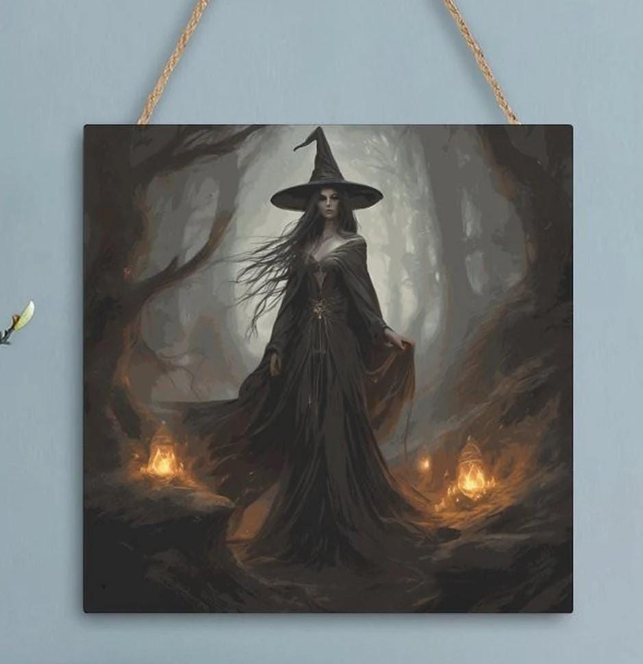 Vintage Witch Square Wood Wall Decor for Halloween Witchcraft Art Pagan Celebration Gift Idea for Mom Occult Decor Moon Goddess Wiccan Art