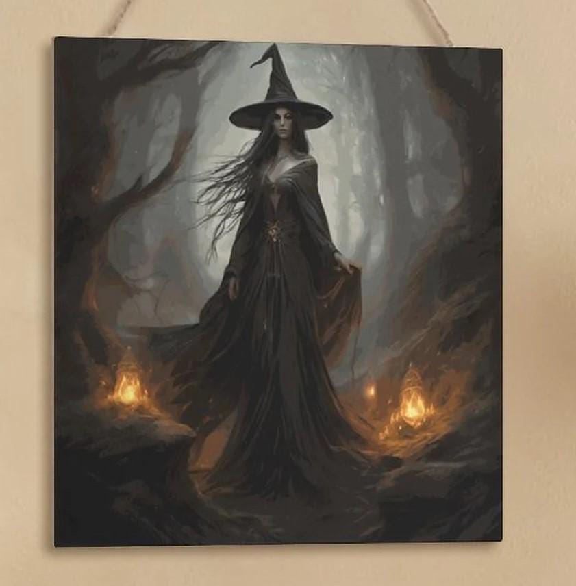 Vintage Witch Square Wood Wall Decor for Halloween Witchcraft Art Pagan Celebration Gift Idea for Mom Occult Decor Moon Goddess Wiccan Art