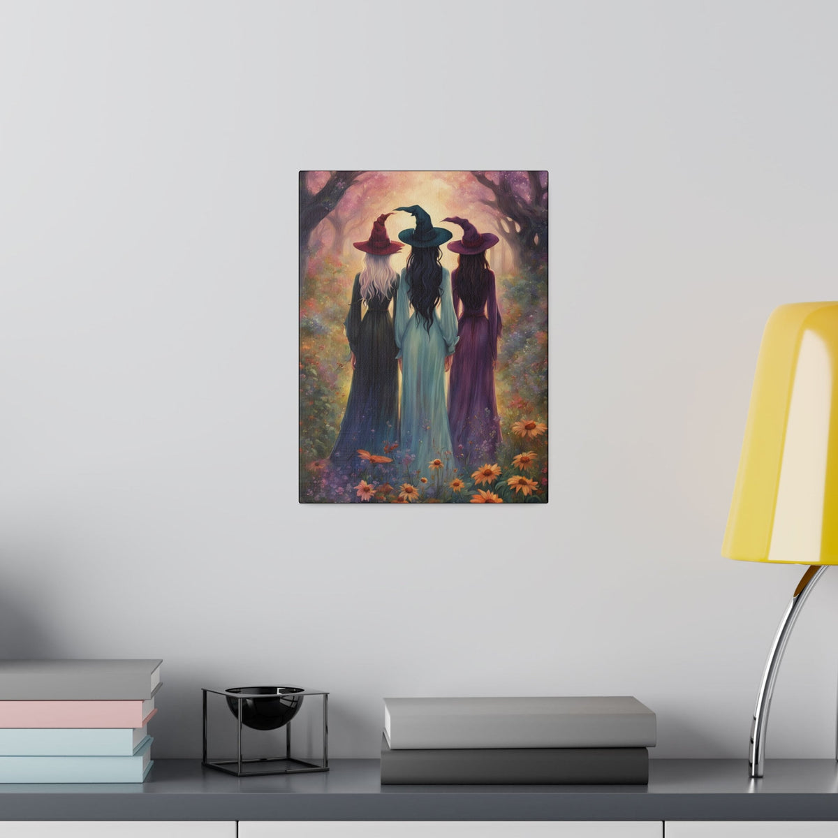 Three Witches Coven Canvas, Salem Practical Magic Art Print Halloween Whimsigoth Wall Decor, Perfect Witchy Gift for your Sisterhood Friends