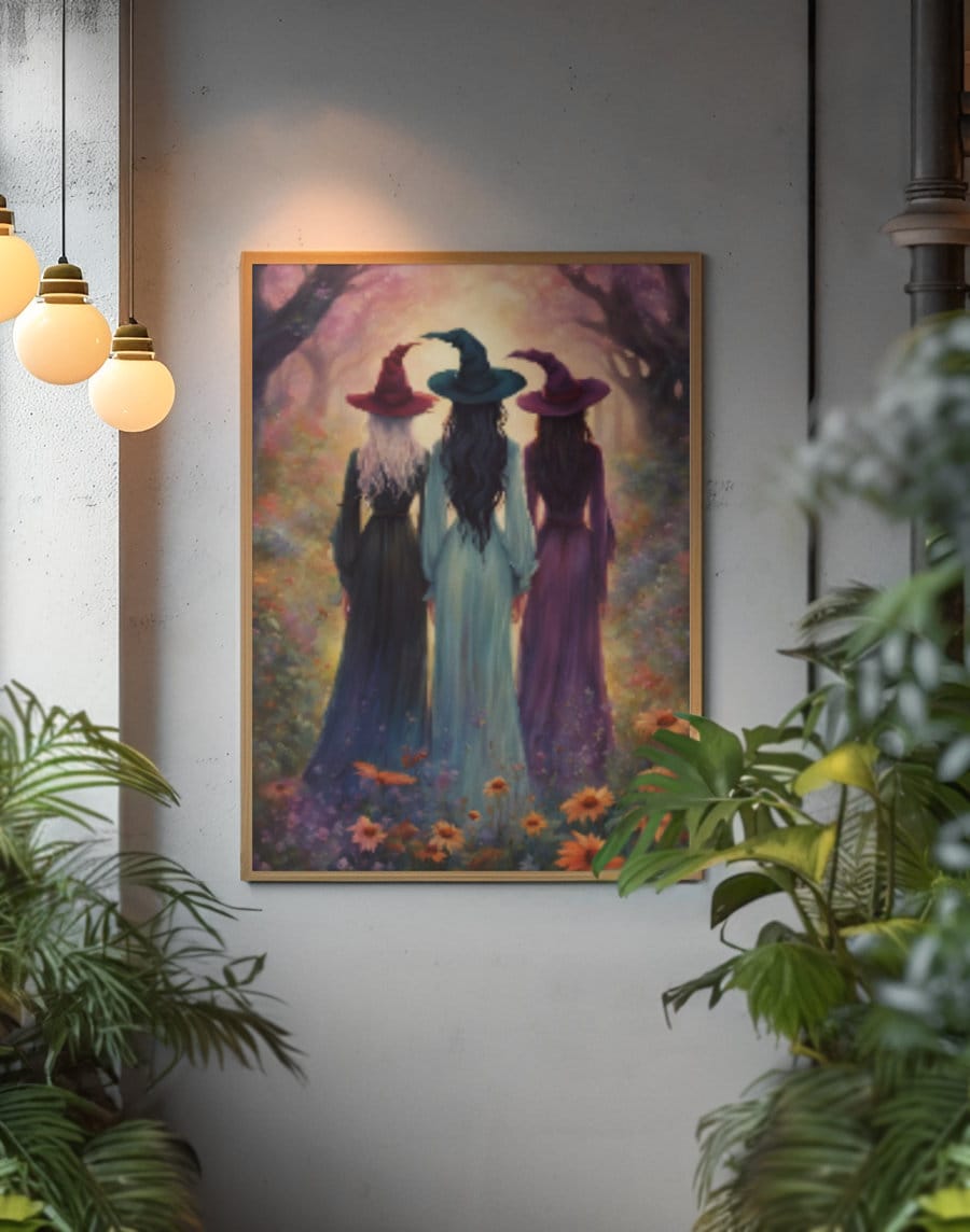 Three Witches Coven Canvas, Salem Practical Magic Art Print Halloween Whimsigoth Wall Decor, Perfect Witchy Gift for your Sisterhood Friends
