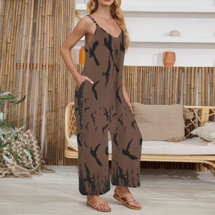 Witchy Crow Print Jumpsuit Outfit Gothic Pleated Cami Wide Leg Casualwear