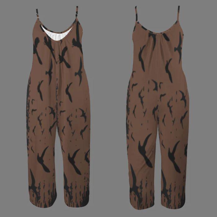 Witchy Crow Print Jumpsuit Outfit Gothic Pleated Cami Wide Leg Casualwear
