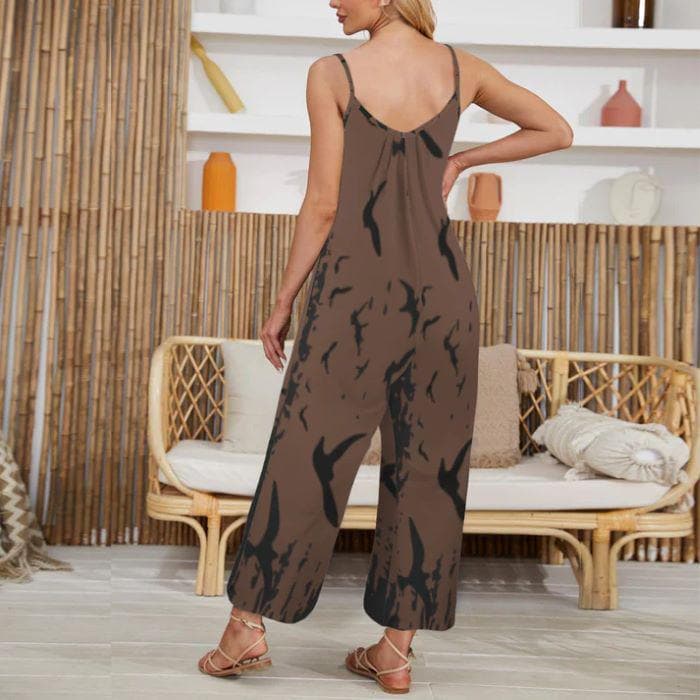 Witchy Crow Print Jumpsuit Outfit Gothic Pleated Cami Wide Leg Casualwear