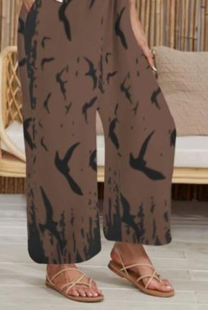 Witchy Crow Print Jumpsuit Outfit Gothic Pleated Cami Wide Leg Casualwear