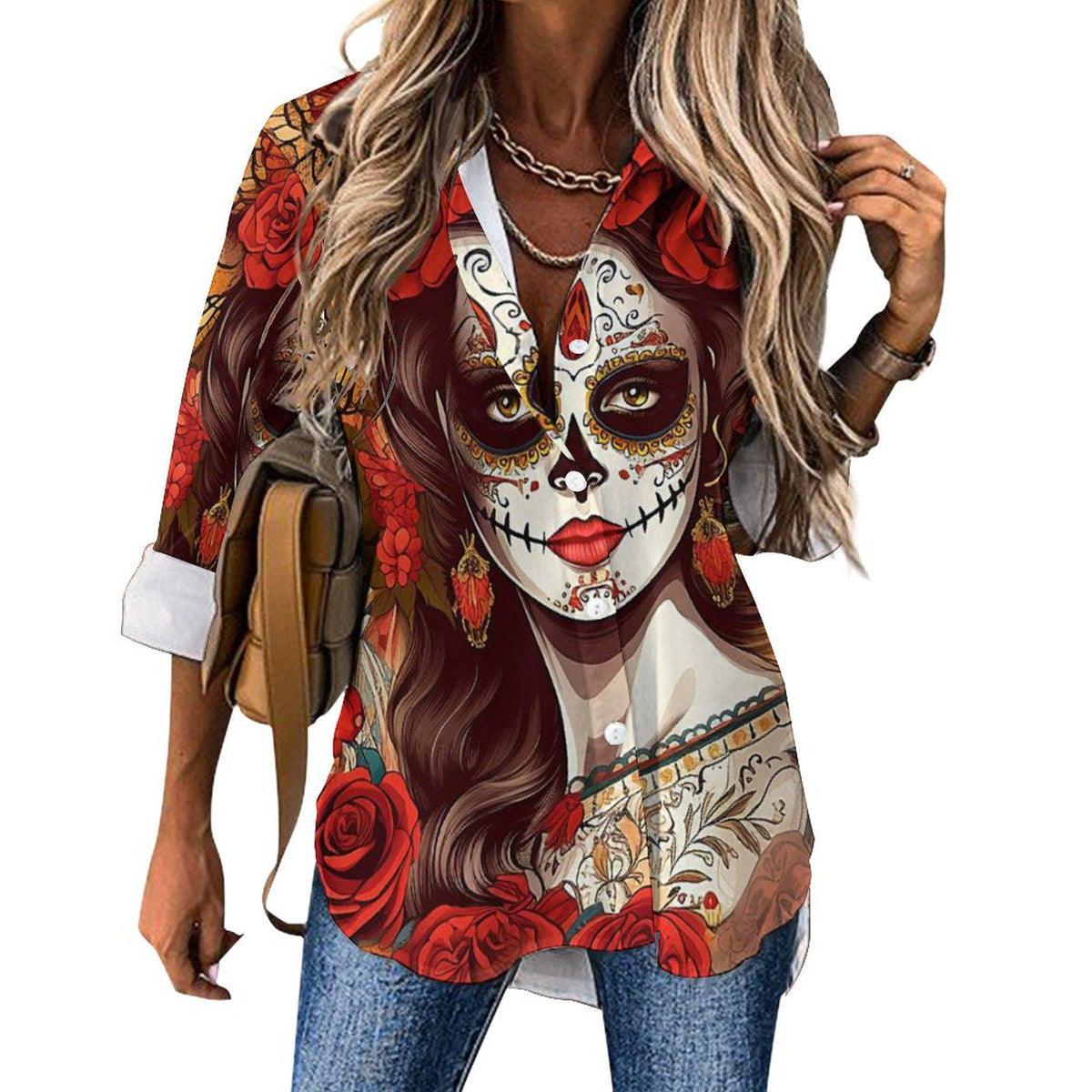 Witchy Day of the Dead Sugar Skull Blouse, Halloween Fashion