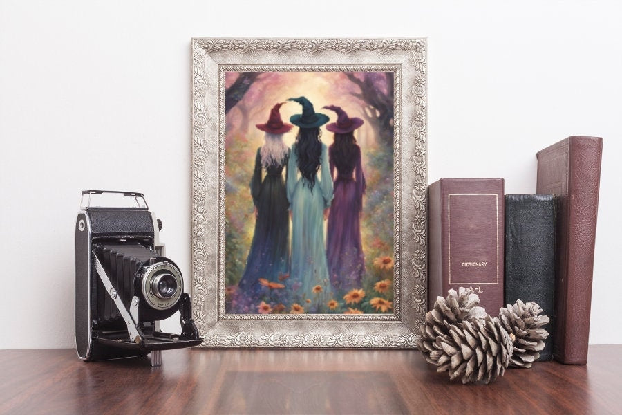 Three Witches Coven Canvas, Salem Practical Magic Art Print Halloween Whimsigoth Wall Decor, Perfect Witchy Gift for your Sisterhood Friends