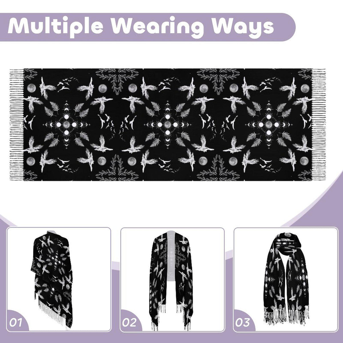 Raven Gothic Shawl Witch Christmas Pagan Accessory Moon Phase Celestial Scarf Cape Sorcière Gothic Fashion Gift Crow Accessories Moon Cape