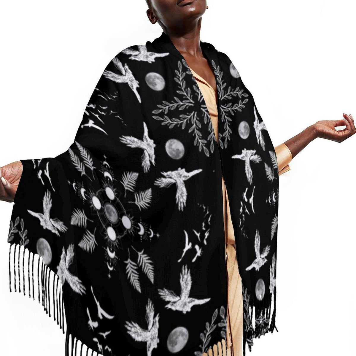 Raven Gothic Shawl Witch Christmas Pagan Accessory Moon Phase Celestial Scarf Cape Sorcière Gothic Fashion Gift Crow Accessories Moon Cape