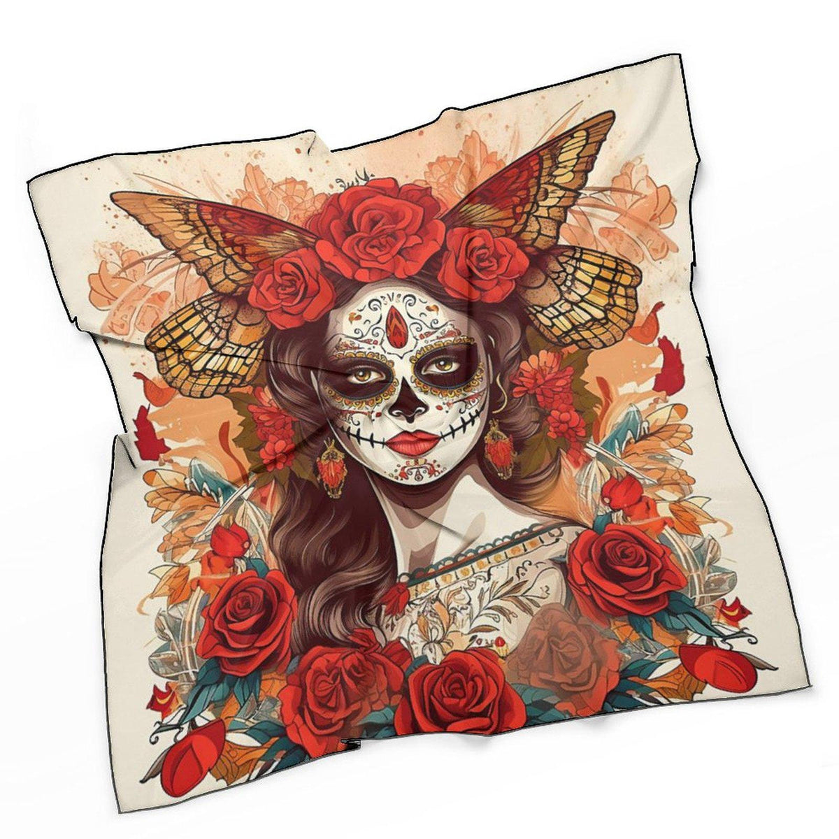 A square scarf featuring a detailed Day of the Dead (Dia de los Muertos) illustration of a woman with sugar skull makeup, red roses, and butterfly wings, displayed on a clean white background.