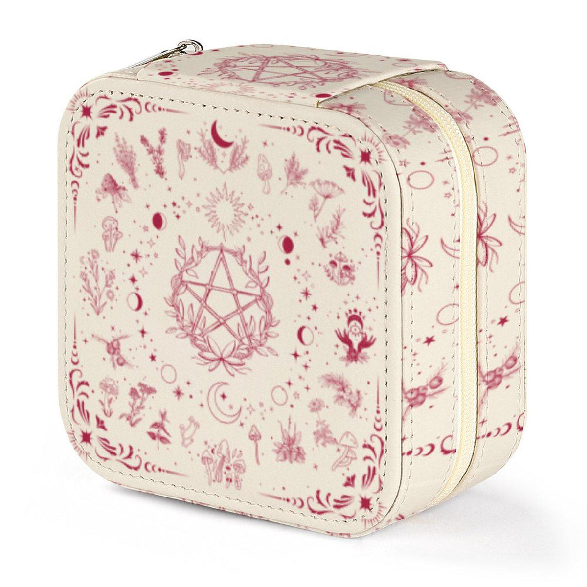 Top view of a black jewelry box lid featuring a pentagram ringed by colorful flowers and leaves.