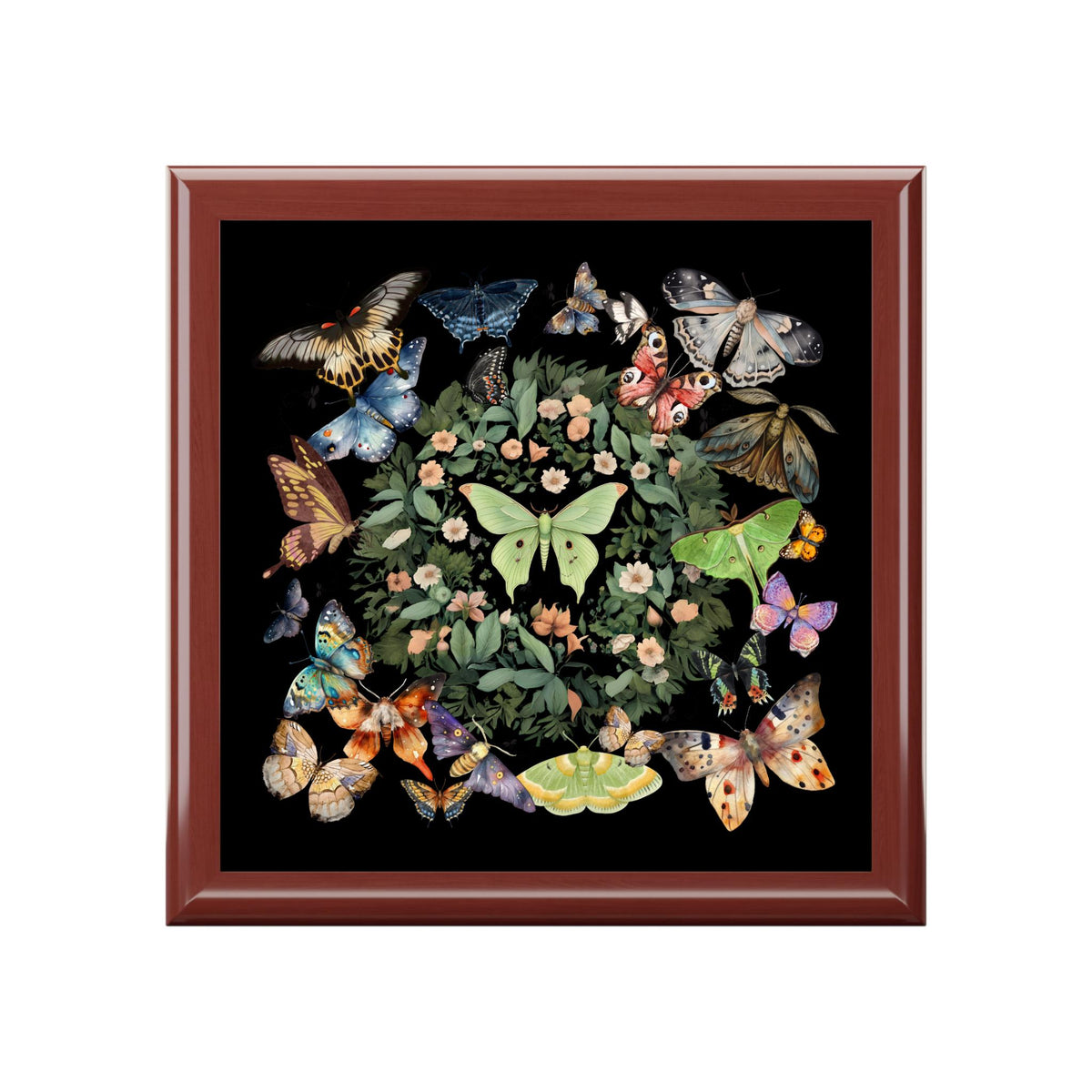 Brown-framed jewelry box lid showing a central green luna moth and floral wreath surrounded by butterflies.