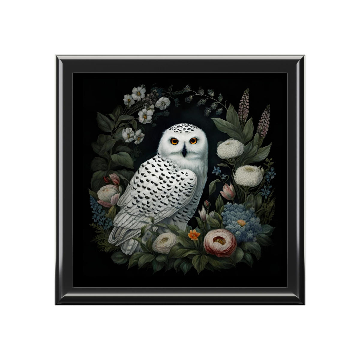 Brown white-owl jewelry box shown open with pale lining beside a closed box on a dark tabletop.