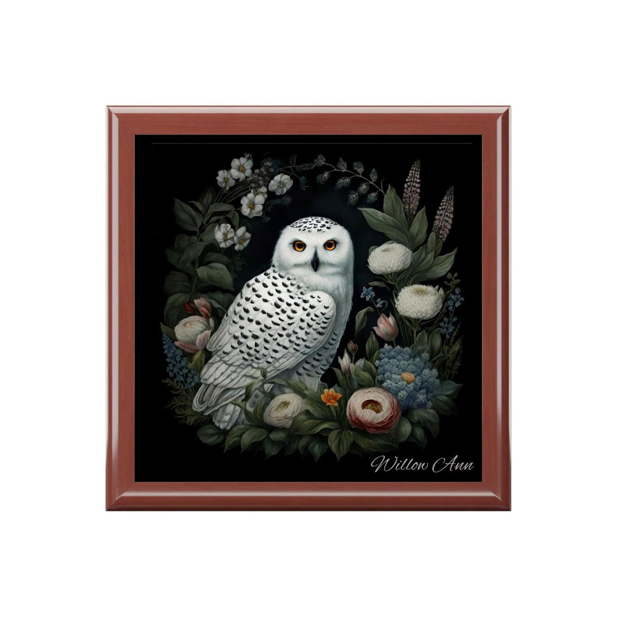 Top view of a black jewelry box lid featuring a white owl surrounded by flowers and green leaves.