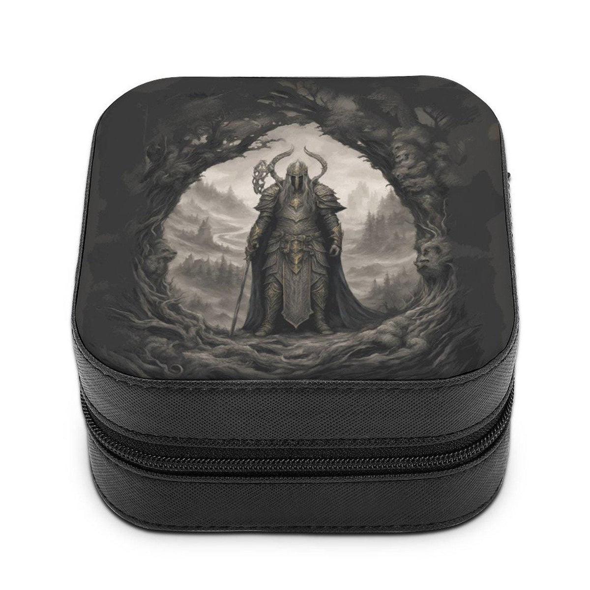 Front angled view of a black zippered jewelry box with a horned armored warrior on the lid against a white background.