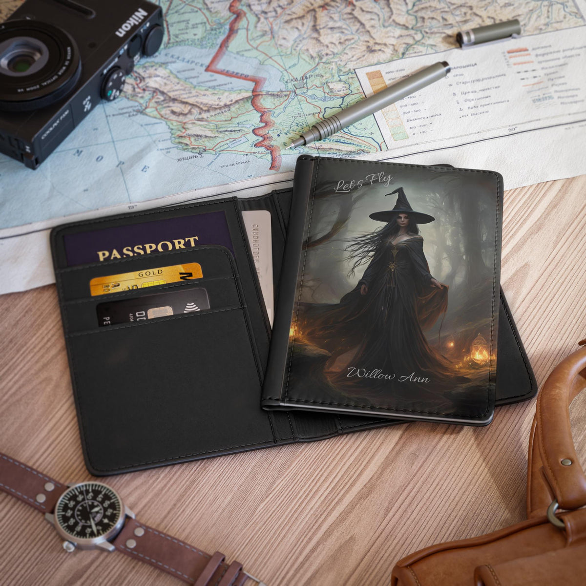 Gift Idea for Witchy Traveler Birthday Graduation Retirement Passport Cover: Black Cat Boho Witches Travel Accessory for Sister in Law Gift