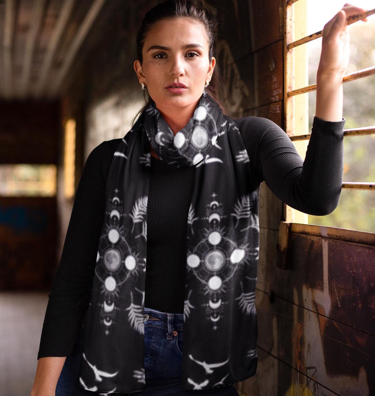 Crow Moonphase Tassel Scarf: Gothic Whimsigoth Clothing