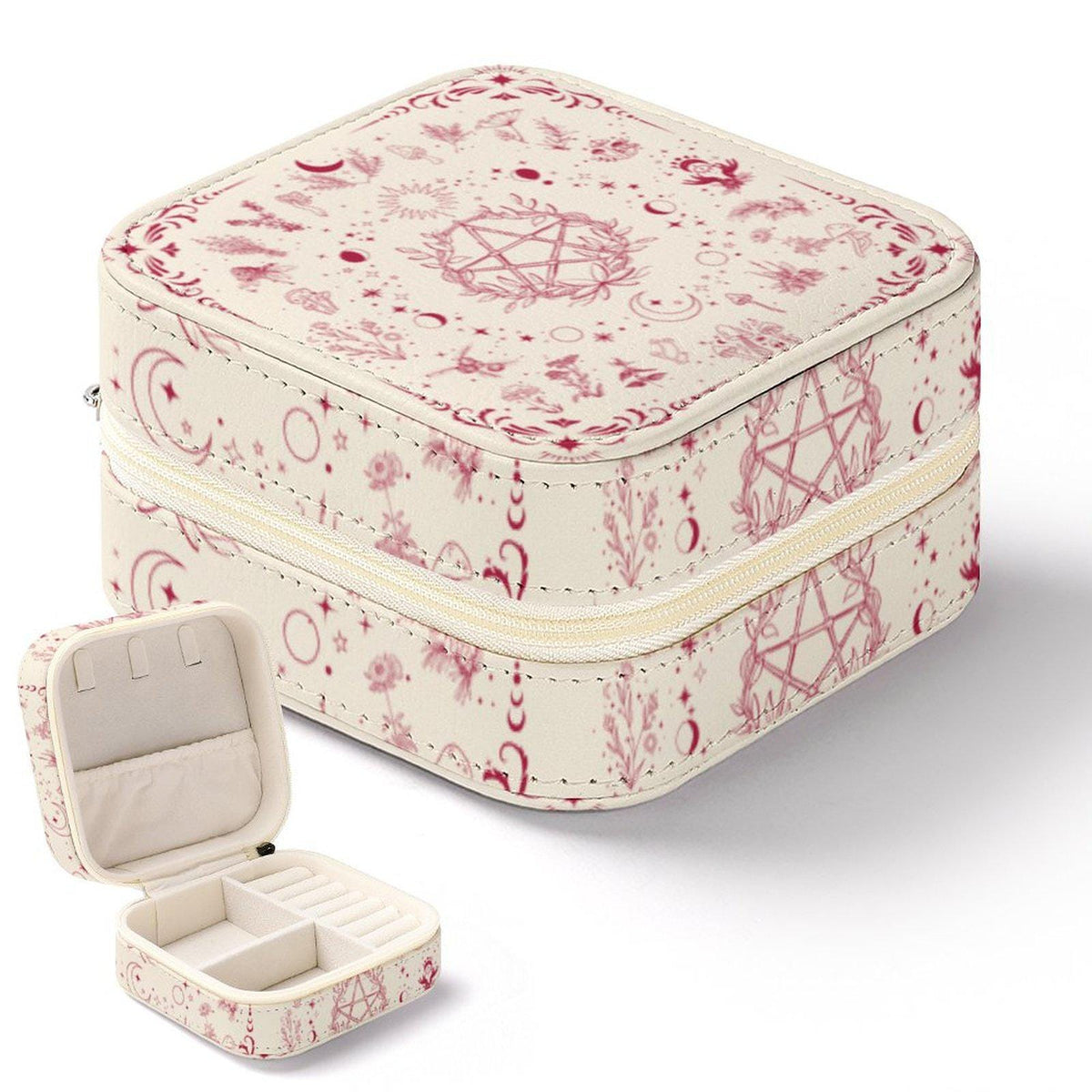 Top view of a brown jewelry box lid with a pentagram surrounded by flowers on a black background.
