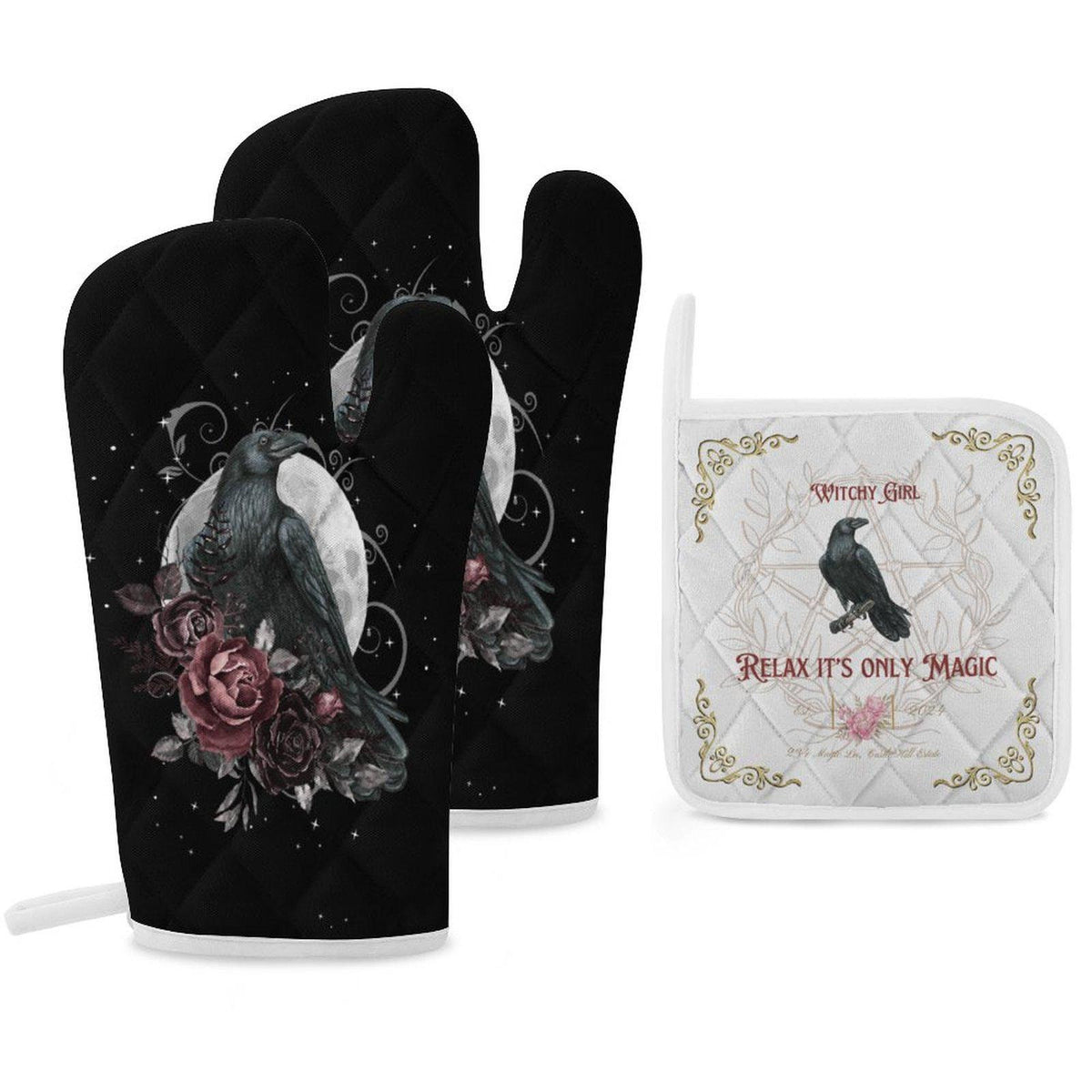 Kitchen Witch Holiday Gift for Mom Witchcore Oven Mitts & Pot Holder Black Crow Wiccan Kitchen Decor Witchy Dark Chef Accessory Kitchen Set