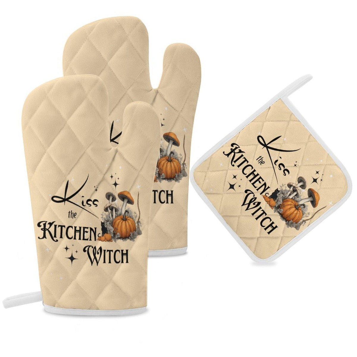 Kitchen Witch Oven Mitts & Pot Holder Set for Spooky Cook Gift Pagan Black Magick Witchy Cookware Gift Gothic Home Chef Occult Kitchen Gear