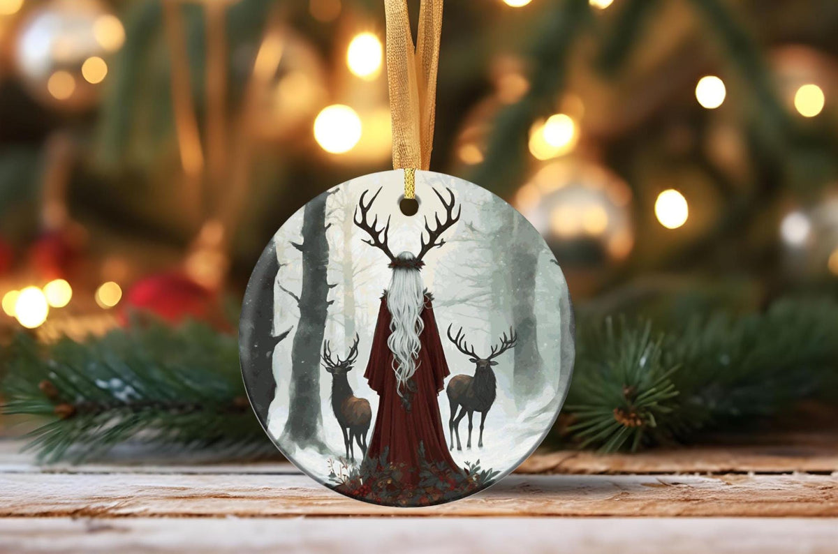 Elen of the Ways Yule Witch Gift Idea for Winter Solstice Yuletide Holiday Christmas Ceramic Ornament for Pagan Witch Gift Green Witchery