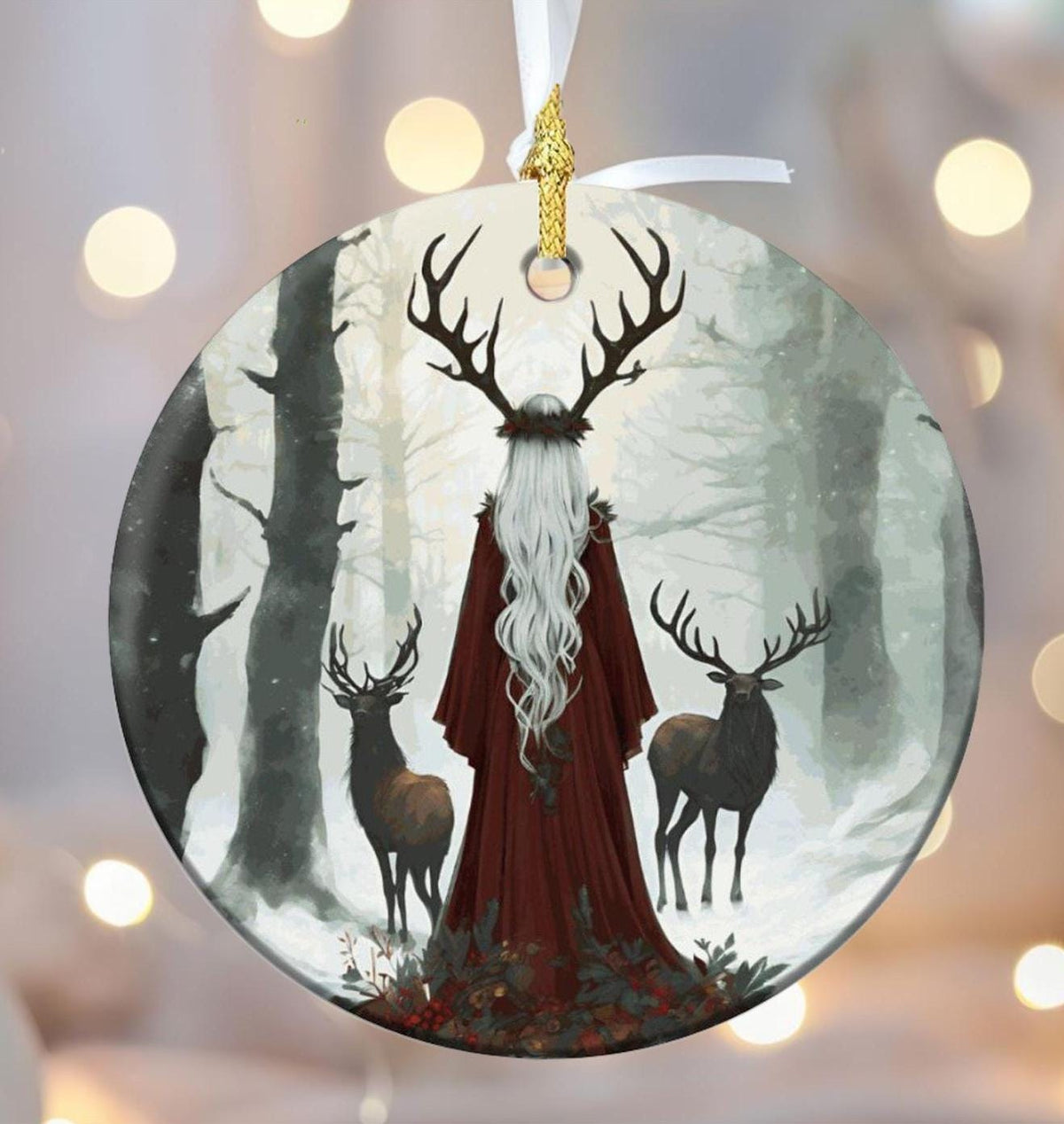 Elen of the Ways Yule Witch Gift Idea for Winter Solstice Yuletide Holiday Christmas Ceramic Ornament for Pagan Witch Gift Green Witchery