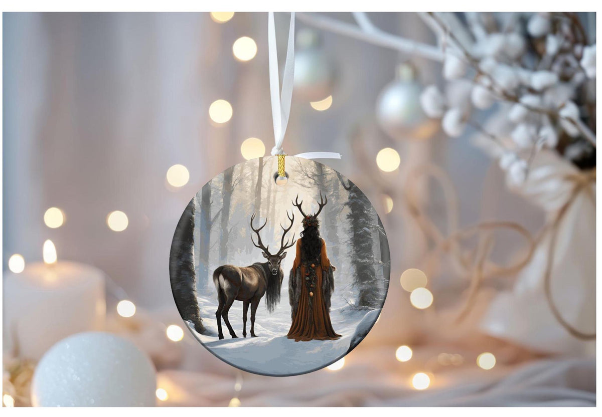 Elen of the Ways Yule Witch Ceramic Ornament Pagan Winter Solstice Green Witchery Wiccan Holiday Festive Decor Nature Inspired Christmas