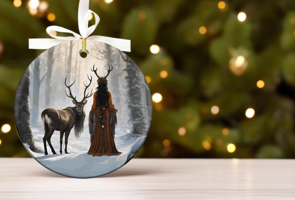 Elen of the Ways Yule Witch Ceramic Ornament Pagan Winter Solstice Green Witchery Wiccan Holiday Festive Decor Nature Inspired Christmas