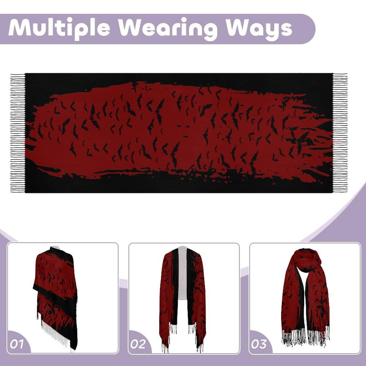 Witchy Gothic Outerwear Cloud of Bats Gothic Clothing Pagan Gift Flock of Birds Bat Shawl Oxblood Bat Tassel Scarf Gothic Halloween Fashion