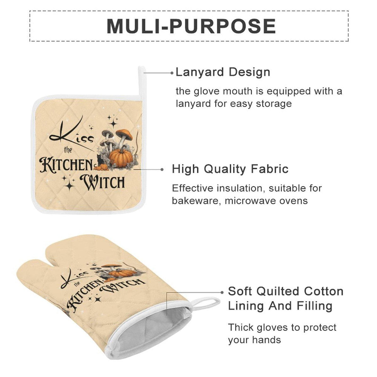 Kitchen Witch Oven Mitts & Pot Holder Set for Spooky Cook Gift Pagan Black Magick Witchy Cookware Gift Gothic Home Chef Occult Kitchen Gear