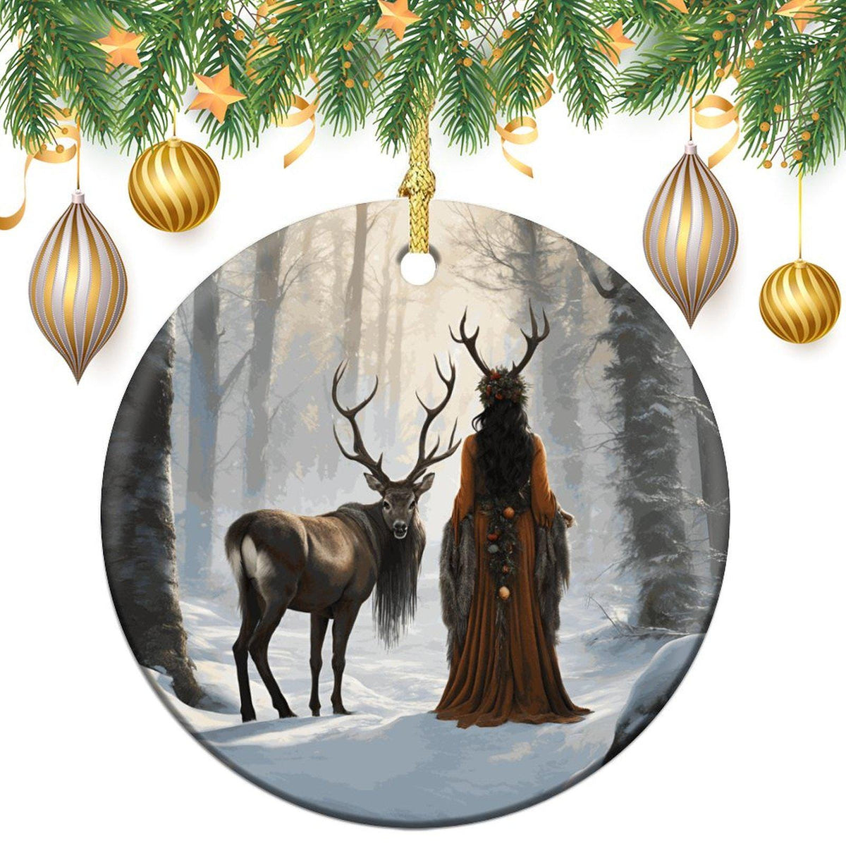 Elen of the Ways Yule Witch Ceramic Ornament Pagan Winter Solstice Green Witchery Wiccan Holiday Festive Decor Nature Inspired Christmas