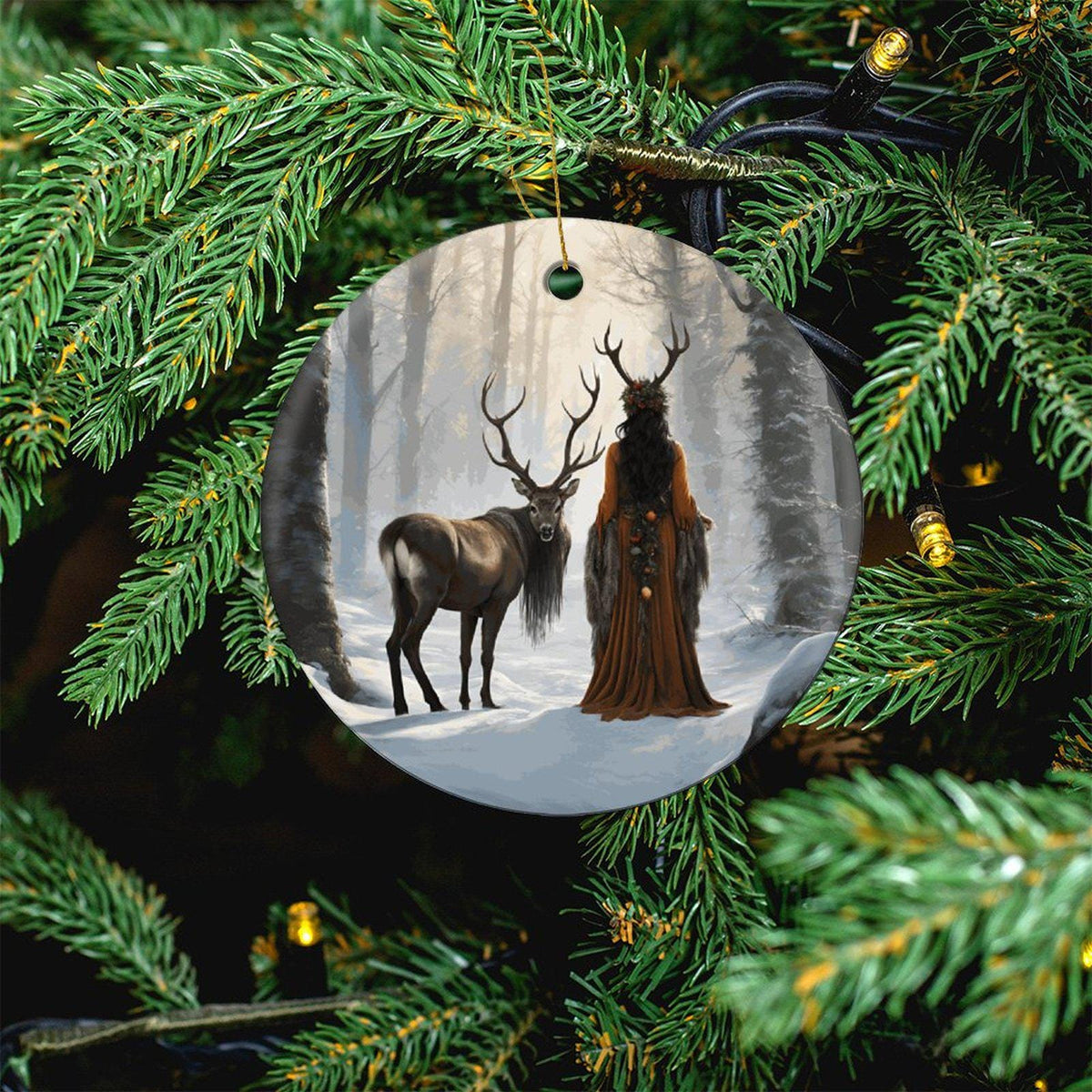 Elen of the Ways Yule Witch Ceramic Ornament Pagan Winter Solstice Green Witchery Wiccan Holiday Festive Decor Nature Inspired Christmas