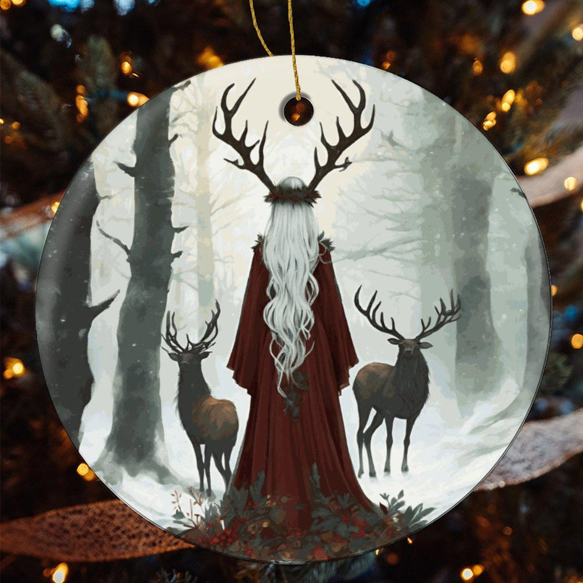 Elen of the Ways Yule Witch Gift Idea for Winter Solstice Yuletide Holiday Christmas Ceramic Ornament for Pagan Witch Gift Green Witchery