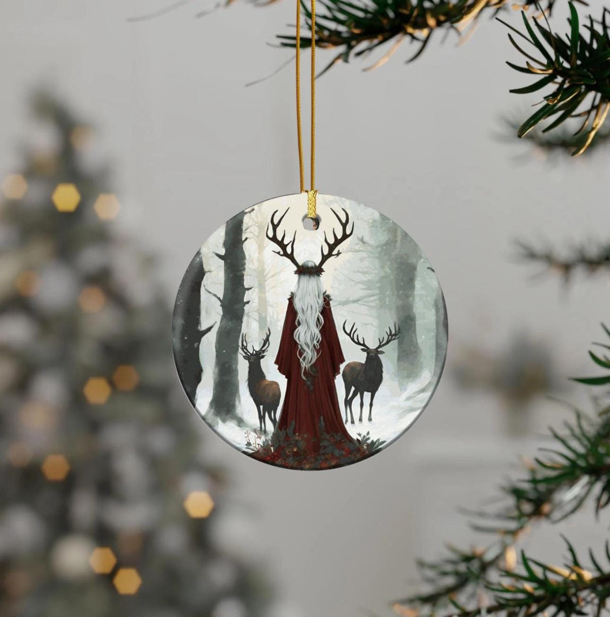 Elen of the Ways Yule Witch Gift Idea for Winter Solstice Yuletide Holiday Christmas Ceramic Ornament for Pagan Witch Gift Green Witchery
