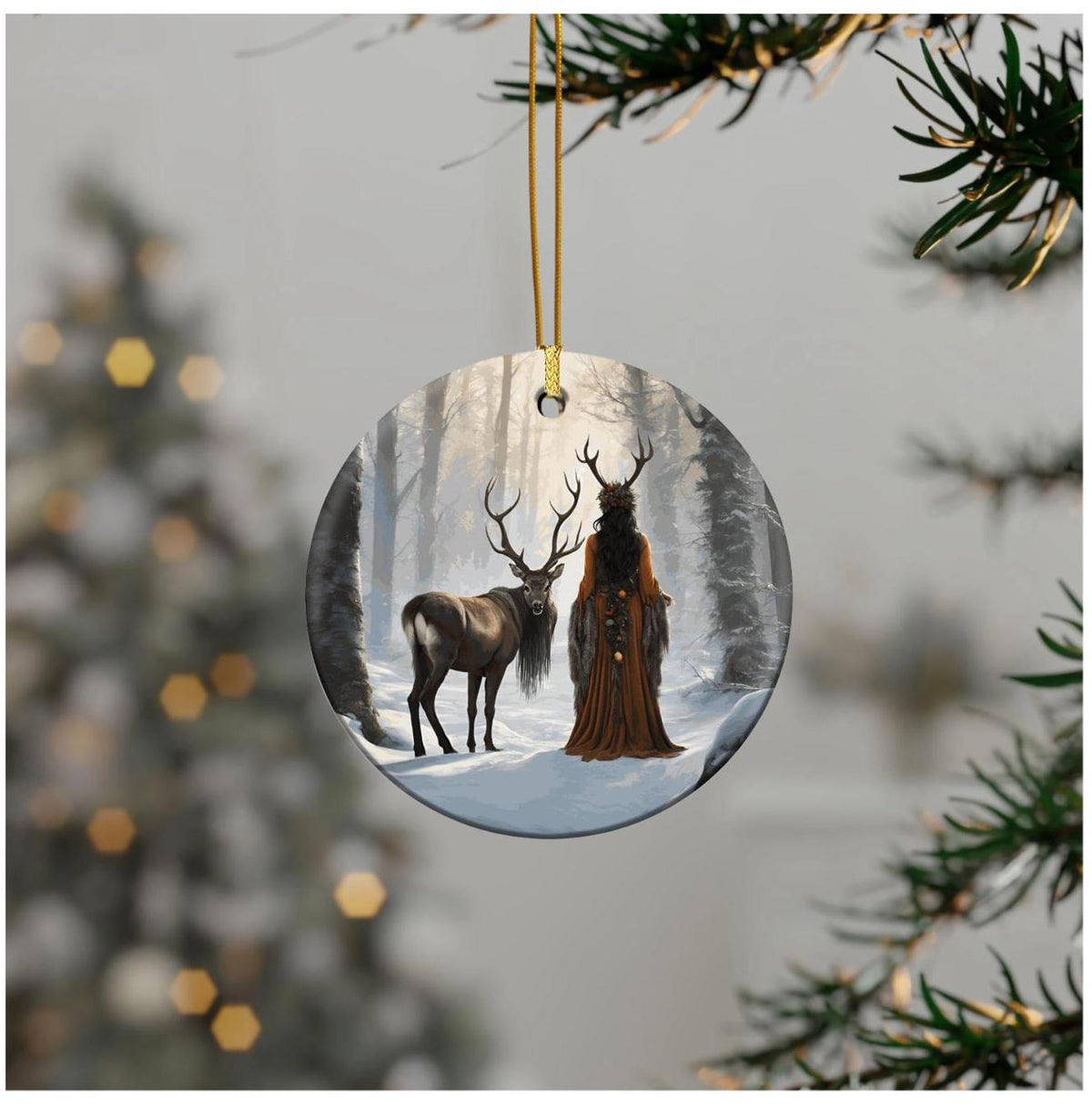 Elen of the Ways Yule Witch Ceramic Ornament Pagan Winter Solstice Green Witchery Wiccan Holiday Festive Decor Nature Inspired Christmas