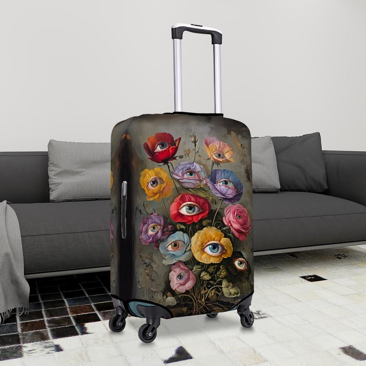 Flower Eyes Luggage Cover: Surreal Vintage Floral Suitcase Wrap