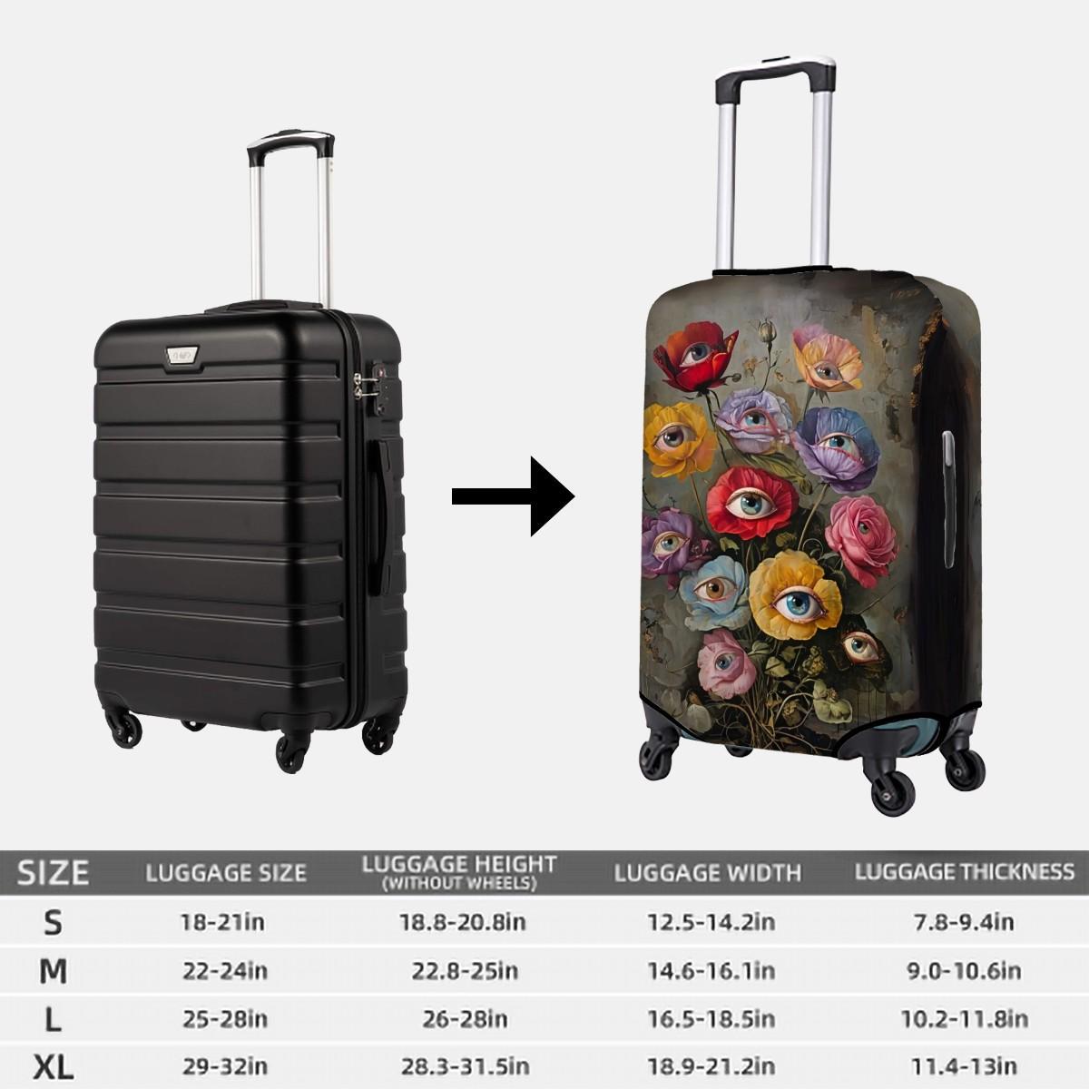 A composite product listing graphic showing two views of a hard-shell spinner suitcase: a plain black suitcase on the left and a suitcase with a colorful floral-and-eye print on the right, separated by a right-pointing arrow. A size table at the bottom lists S, M, L, and XL luggage dimensions and heights/widths.