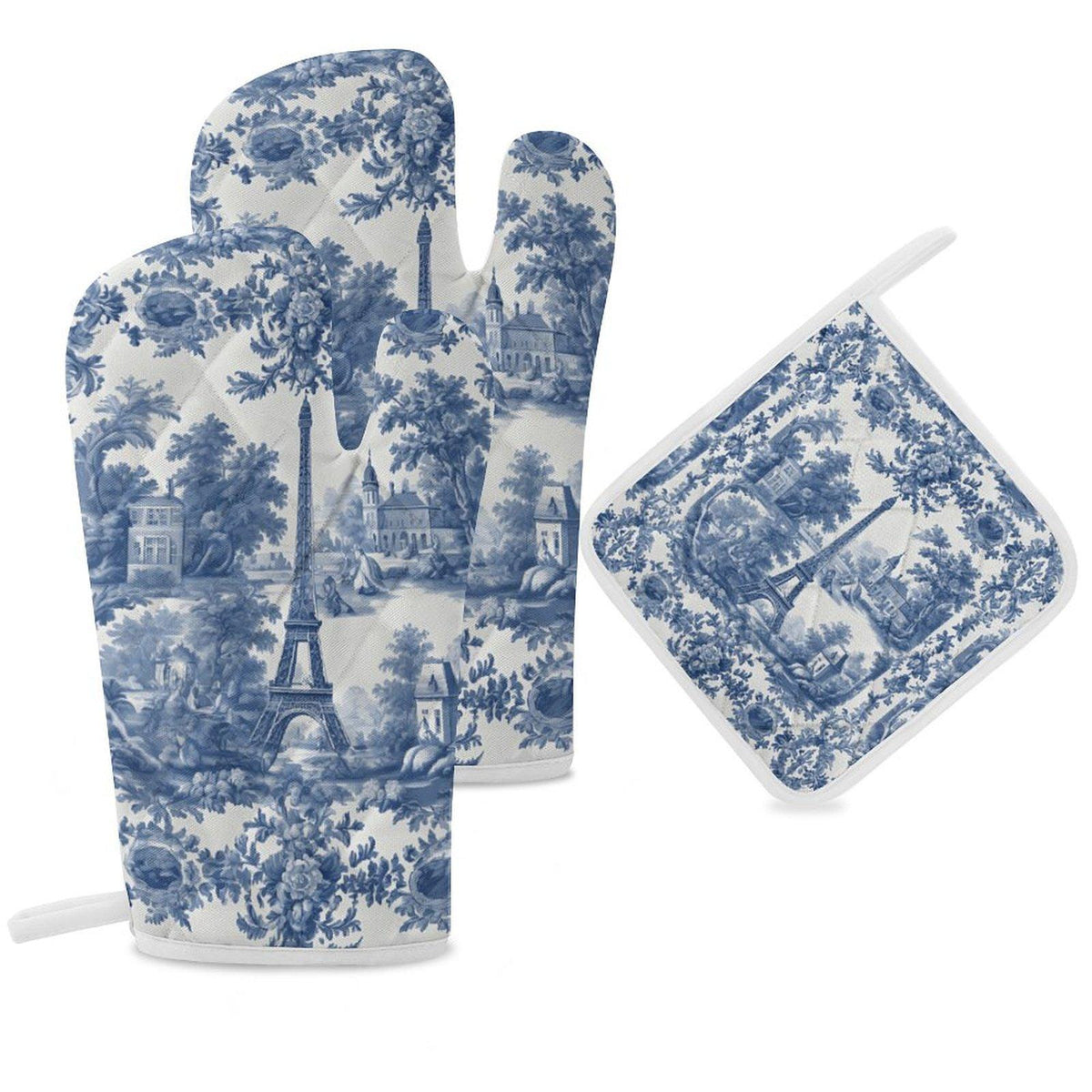 French Kitchen Baking Gift Toile Oven Mitts & Pot Holder Set Blue White Decor Thick Oven Mitt Farmhouse Kitchen Decor Wedding Shower Gift